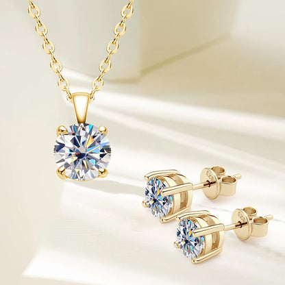 6.5mm 3.0cttw D Color Moissanite Jewelry Set 18K Gold Plated Silver 925 Stud Earrings Pendant Necklace for Women Gift Birthday
