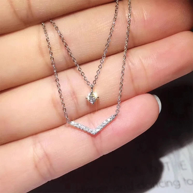 V Letter 5mm Moissanite Pendant Double Layer Necklace for Women 925 Sterling Silver Chain Clavicle 2025 New Jewelry Gifts