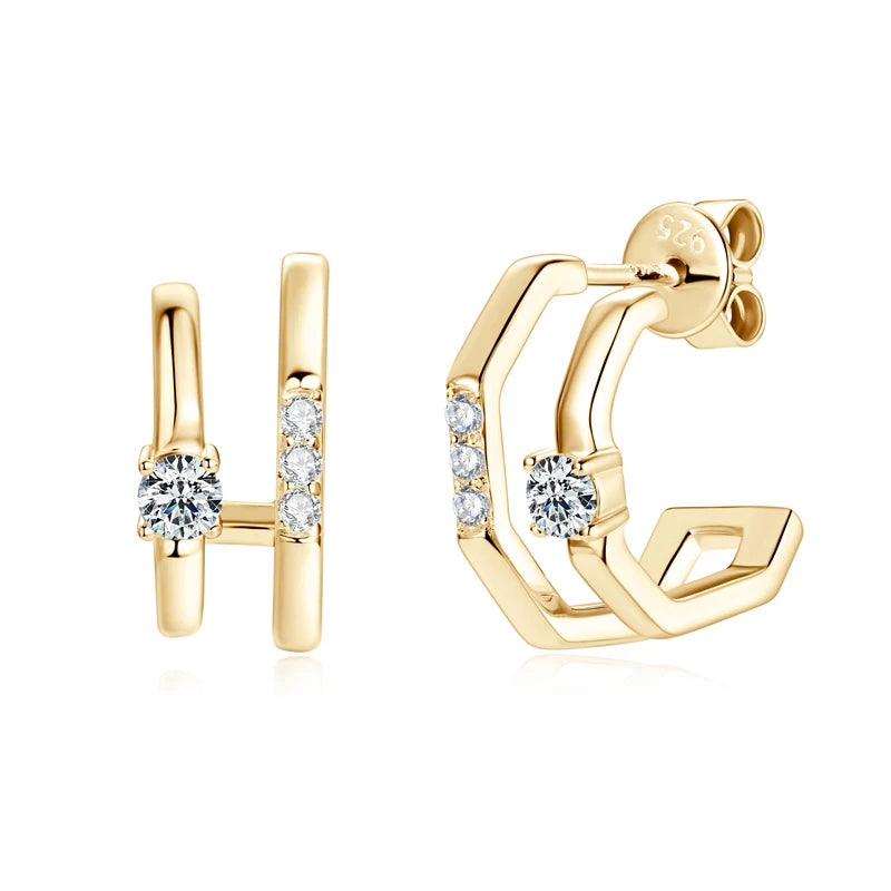 NEW 4mm Moissanite Piercing Stud Ear Cuffs 925 Sterling Silver Double Side Hoop Earrings for Women Illusion Jewelry Gifts