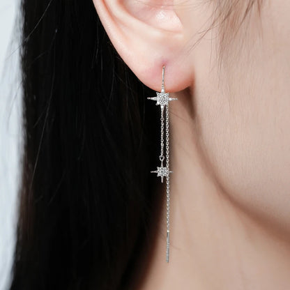 Guide Star Pendant Round Moissanite Earrings Ear Line 925 Silver for Women Piercing Threader 2024 Trend Fine Jewelry Gift