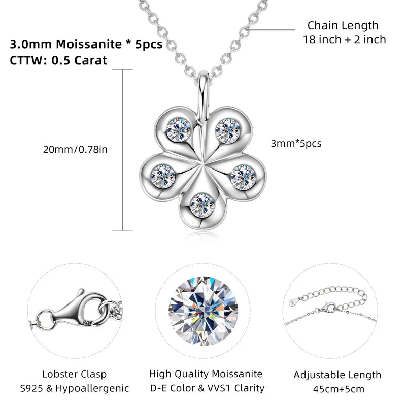925 Sterling Silver Moissanite Necklace Adjustable Chain Flower Petal Pendant Women Wedding Christmas Valentine's Day Gift