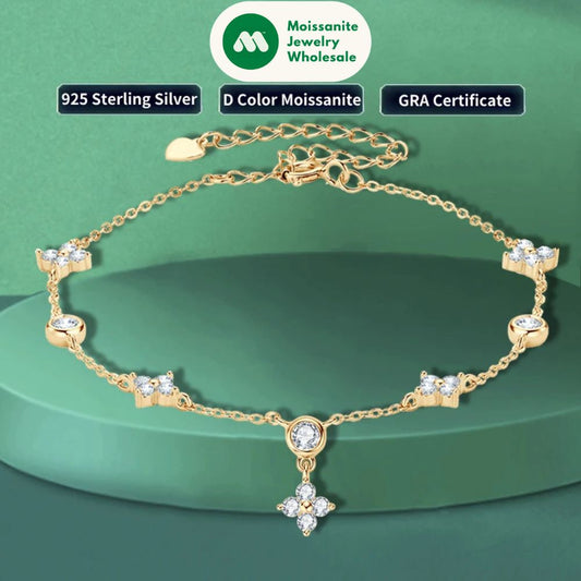 Silver 925 Four Leaf Clover Bracelet Certified D Color Moissanite Bracelets Gold Plated Charm for Women Lucky Jewelry Gift