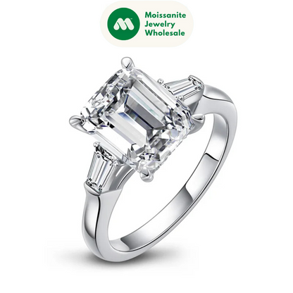 Luxury 4 Carat Emeraled Cut Ring for Women Solid 925 Sterling Silver Three Stones Rings Wedding Engagement Jewelry Gift