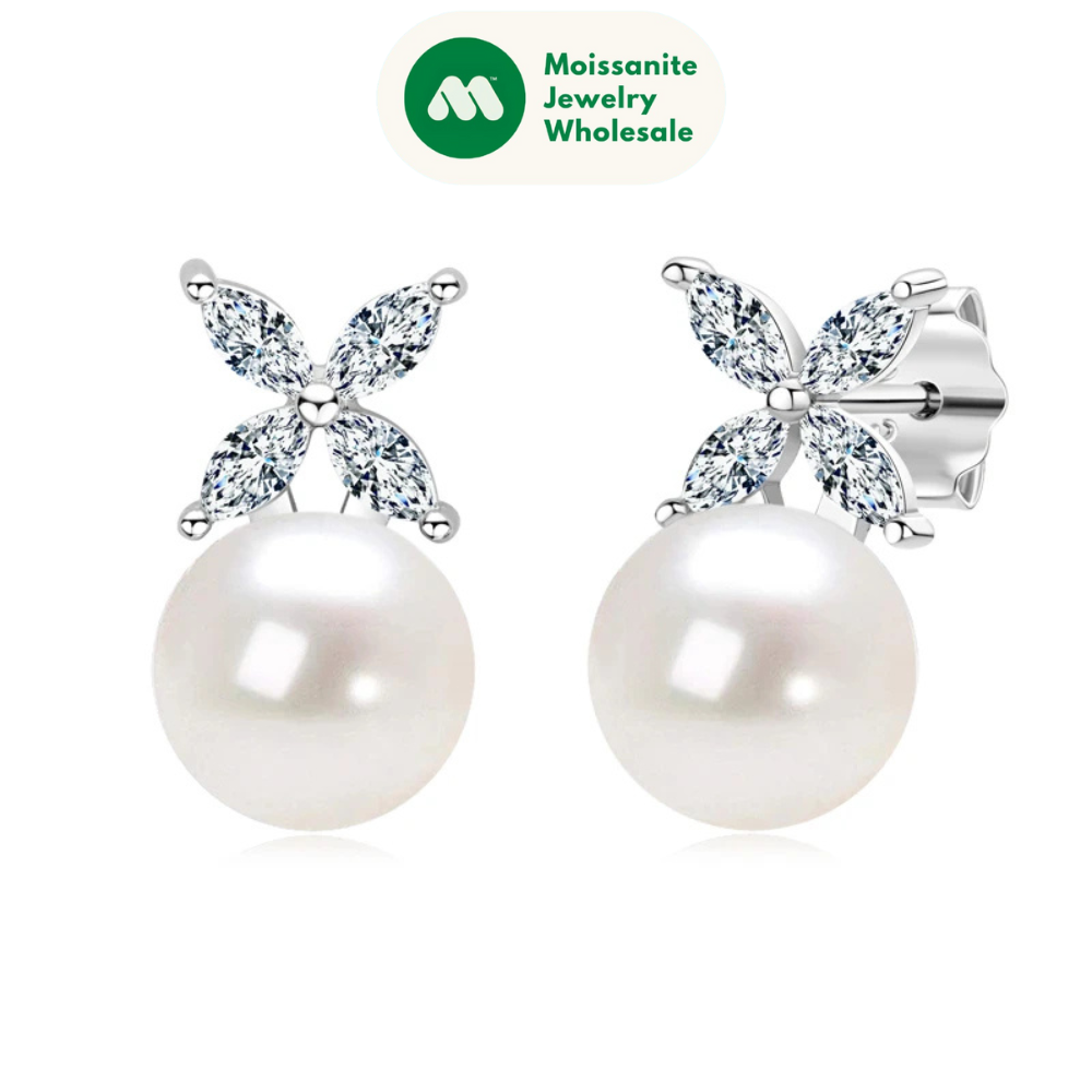 Original 925 Sterling Silver Four-leaf Clover Cubic Zircon With 8mm Bread Bead Pearl Stud Earrings for Women Girls Gift