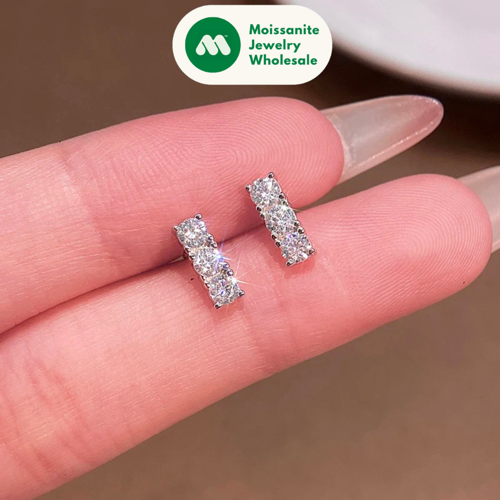 Sparking 3mm 3 Stone Moissanite Stud Earrings Real S925 Silver for Women Plated White Gold Daily Jewelry Valentine's Gift