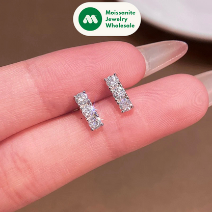 Sparking 3mm 3 Stone Moissanite Stud Earrings Real S925 Silver for Women Plated White Gold Daily Jewelry Valentine's Gift