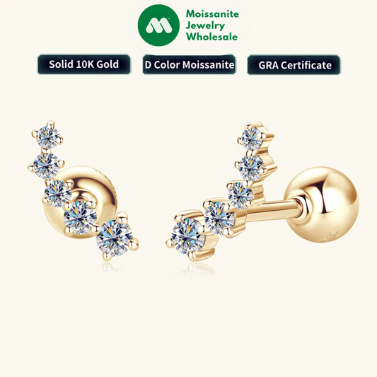 Real Gold 10k D-E Moissanite Stud Earrings Yellow Gold  5-stone Mini Earrings GRA Certified Wedding Engagement Jewelry for Women
