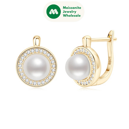 French Vintage Moissanite Hoops 7mm Freshwater Pearl Earrings Silver 925 Sterling Earring Wedding Jewelry for Women Gifts