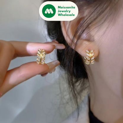 1.3mm D Moissanite Earrings 925 Sterling Silver Mini Hoops 14k Gold Plated Cute Leaf Earring Studs for Women Trend Jewelry
