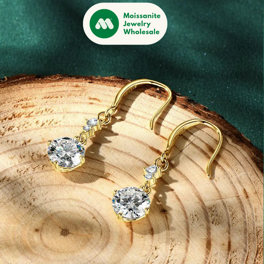 6.5mm 1CT Round D Moissanite Drop Hook Earrings 925 Silver for Women Wedding Engagement Jewelry GRA Certified Ladies Gift