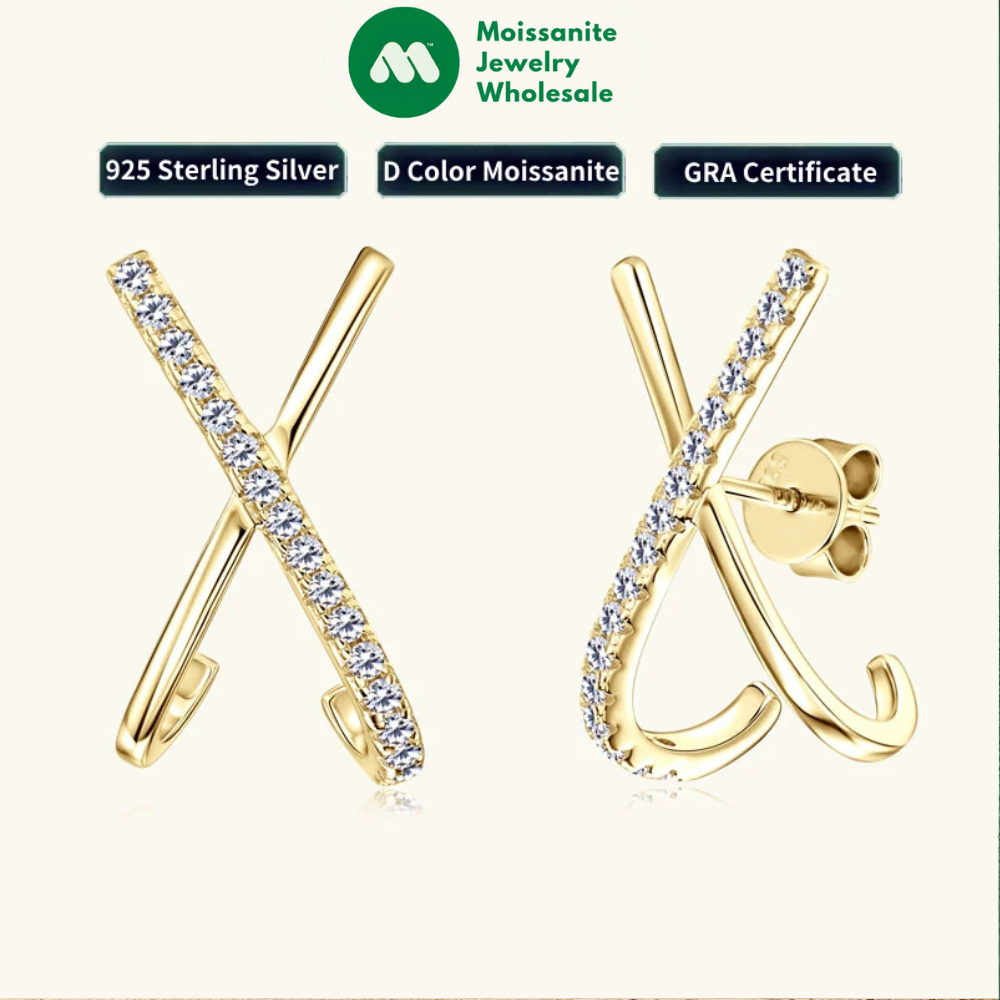 2025 New Trend Moissanite Earrings 925 Silver Cross X Shape Stud Earrings for Women Daily Wear Fine Jewelry Gift Birthday