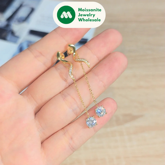 6.5mm 1CT Moissanite Drop Snake Stud Earrings for Women 925 Silver Long Chain Pendant Earrings GRA Certified Jewelry 2025