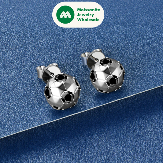 100% 925 Sterling Silver Soccer Stud Earrings 1.2CTTW 3mm Round Black Moissanite Piercing Earring for Women Men 2024 Trend
