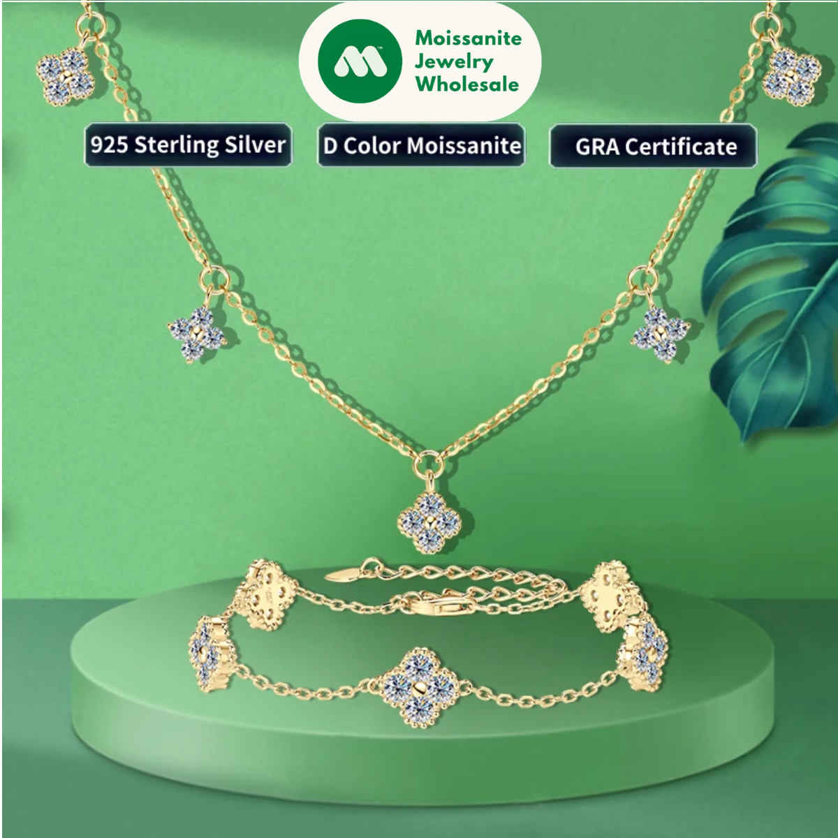 3mm D Moissanite Jewelry Set Clover Flower Pendant Necklace Earrings Bracelet 3 in 1 Sets for Women 925 Silver Charm Gifts