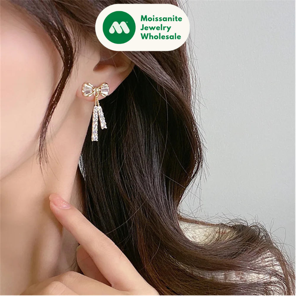 Korean D Color Moissanite Drop Earrings Original Silver 925 Bow Tassel Earrings for Women Gifts Jewelry with Certificate