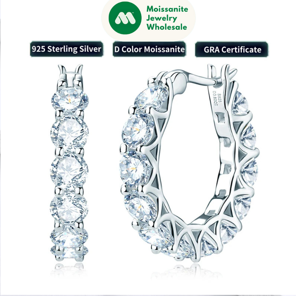 Luxury Hoops Sparking Full 3mm/4mm Moissanite Earrings Solid Silver 925 for Women Huggie Wedding Engagement Jewelry Gifts