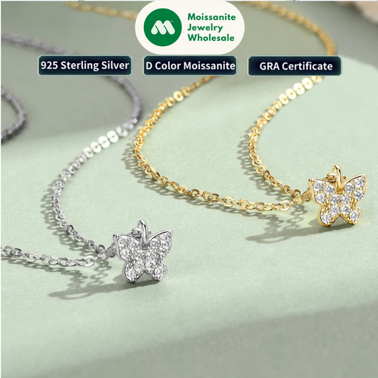 2024 Cute 925 Sterling Silver Butterfly Necklace Pave Round Moissanite Pendant Collar for Women Jewelry Wedding Anniversary Gift