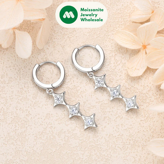 Original D0.30CT Star Moissanite Long Drop Earrings for Women Hoops 925 Silver Cute Wedding Jewelry with GRA Certificate