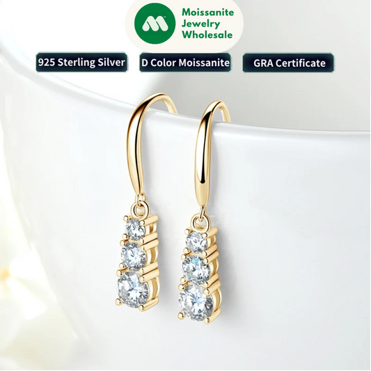 925 Silver Three Stone Hook Earrings GRA Certified 1.8CTW. Moissanite Dangel Drop Earrings Wedding Jewelry Gifts for Women