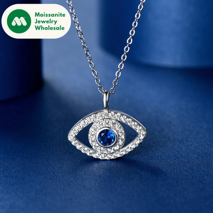4mm Round Cubic Zirconia Blue Gemstone Evil Eye Pendant Necklace 100% Real 925 Silver for Women Charm Fine Jewelry 45+5cm