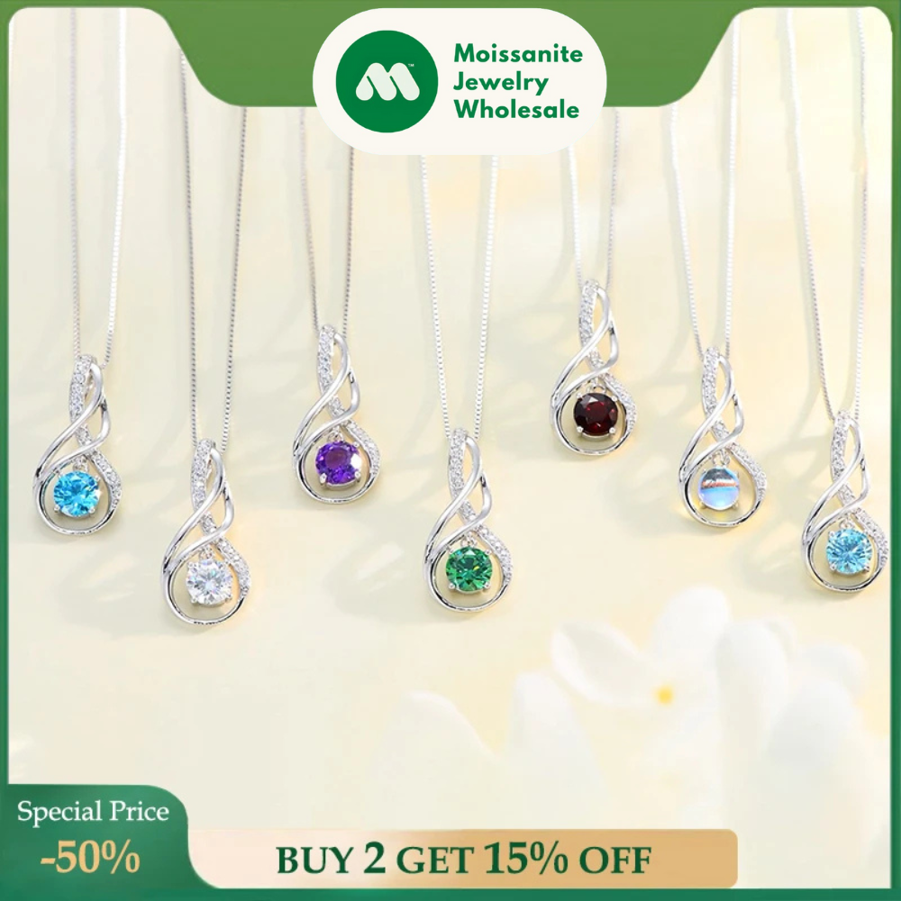 12 Birthstone Infinity Pendant Necklace for Women 925 Silver Colorful Gemstone 6.5mm Moissanite Zirconia Jewelry Birthday Gift