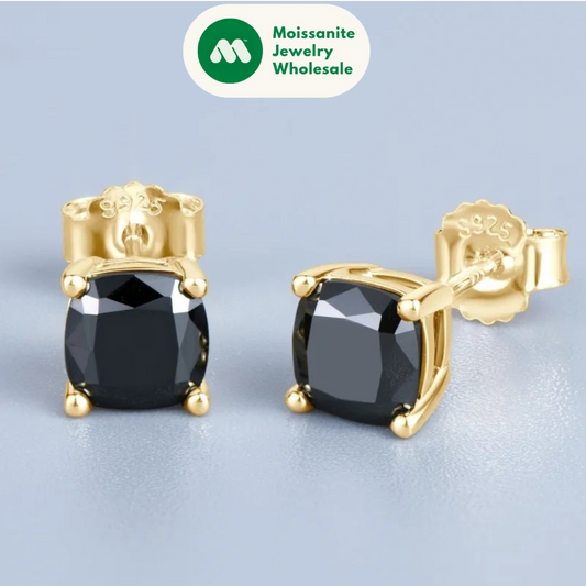 6x6MM 1.0CT Cushion Cut Black Moissanite Stud Earrings for Men Women 925 Sterling Silver Gold Plated Earring Jewelry Gift