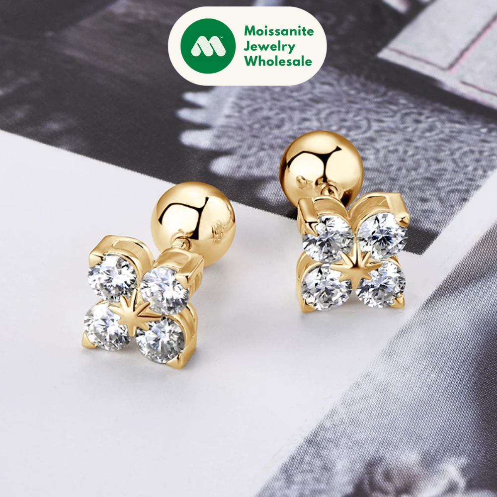 Lucky Four Leaf Clover Moissanite Stud Earrings 925 Sterling Silver Screw-Back Piercing Ear Jewelry for Women Men Gifts