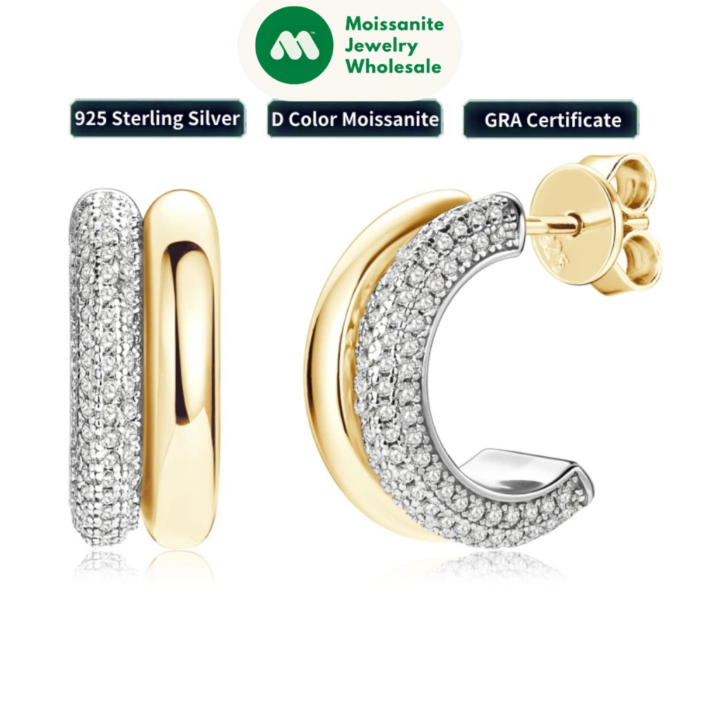 2024 Pave Moissanite Piercing Stud Earrings 925 Silver for Women Gifts Personality Punk C-shaped Earring Double Open Hoops GRA