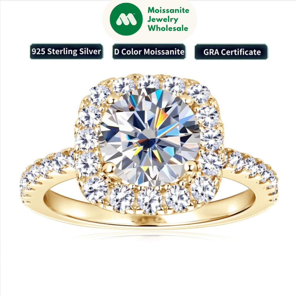 Real 2CT 8mm Round Moissanite Square Ring 925 Sterling Silver Luxury Brilliant Diamond Wedding Finger Rings Band For Women