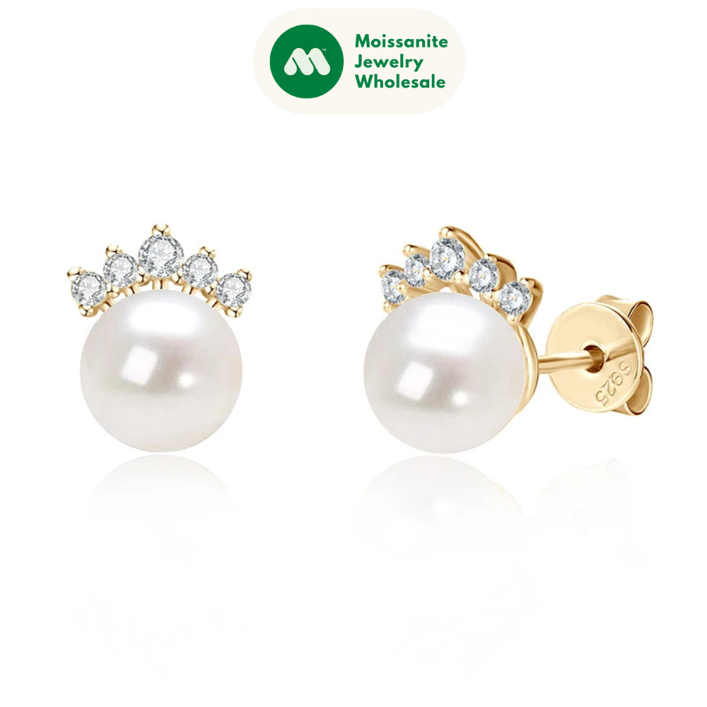 100% S925 Sterling Silver 7.5-8mm Natural Freshwater White Pearl Crown Piercing Stud Earrings for Women Fine Jewel Gifts