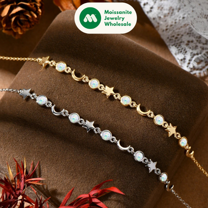 Bezel Artificial Opal Bracelet S925 Silver Chain Moon Star Bracelets for Women Girl 2024 Trendy Gift New Year Christmas