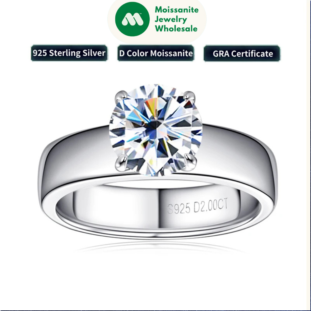 100% Real 925 Sterling  Sliver 2 Carat Moissanite Wedding Engagement Ring for Women Solitaire Promise Ring Jewelry GRA Certified