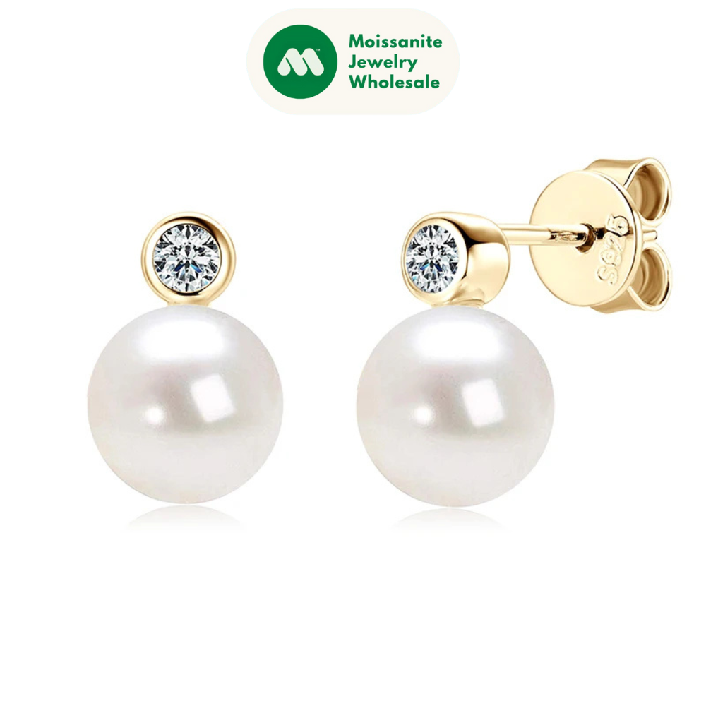 925 Sterling Silver Earrings 7-8mm Natural Freshwater Pearl Stud Earrings with 2.5mm Cubic Zirconia Jewelry for Women Gift