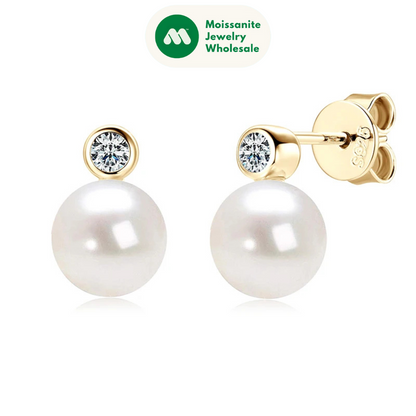 925 Sterling Silver Earrings 7-8mm Natural Freshwater Pearl Stud Earrings with 2.5mm Cubic Zirconia Jewelry for Women Gift