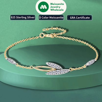 2024 Trendy 18k Rose Gold Plated Delicate 2mm D Color Moissanite Leaf Bracelet  925 Silver Chain for Women Wedding Jewelry Gift