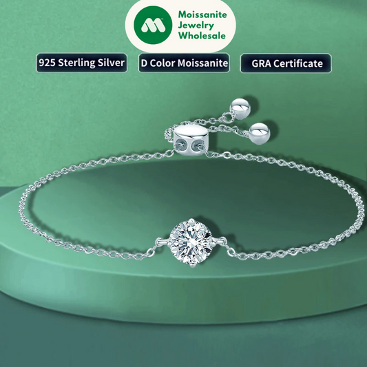 Solitaire 1CT 6.5mm D Color Moissanite 925 Silver Chain Bracelet Hand Jewelry for Women Adjustable Bracelet Christmas Gift
