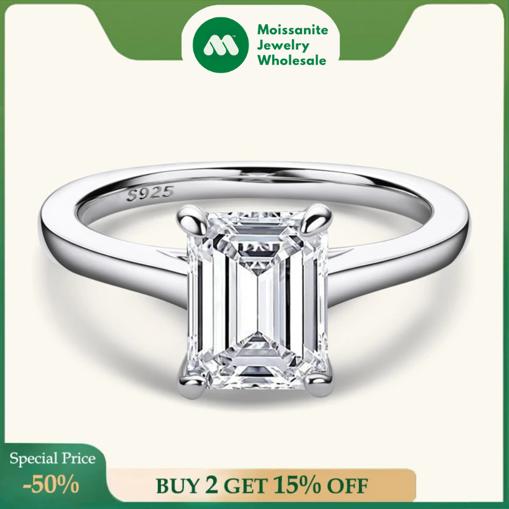 Real 925 Sterling Silver Emerald Cut Zirconia Solitaire Ring for Women Simulated Diamond Engagement Wedding Finger Jewelry