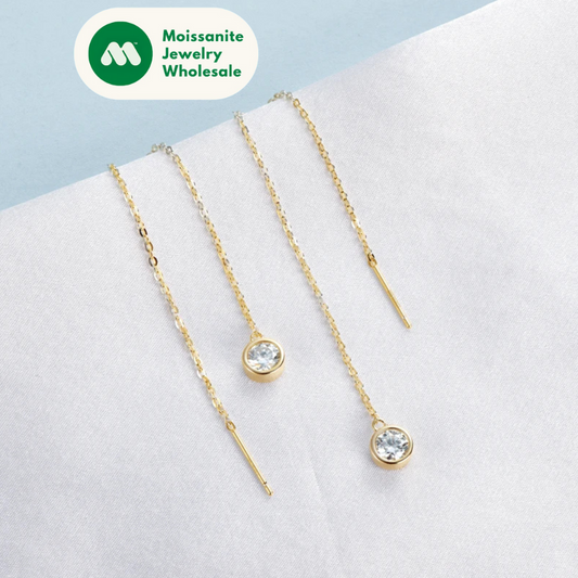 925 Sterling Silver Ear Line Earrings Round Cut Moissanite 5mm (0.5ct) Pendant Dangle Tassel Earrings Threader for Women