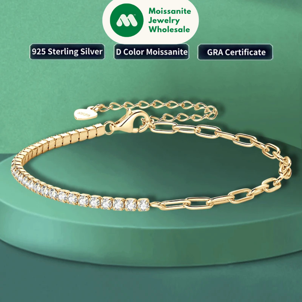 925 Silver Half Chain Tennis Bracelet 2-5mm D Color Moissanite Bracelet for Women Fine Jewelry 18k Gold Plated Bangle New