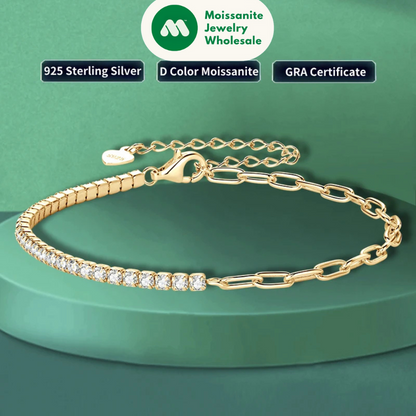 925 Silver Half Chain Tennis Bracelet 2-5mm D Color Moissanite Bracelet for Women Fine Jewelry 18k Gold Plated Bangle New
