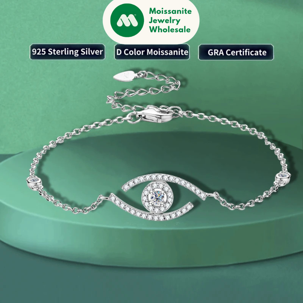 2.5mm Round Cut Moissanite Evil Eye Charm Bracelet Sterling Silver 925 Chain Original Jewelry for Women and Men Gift Party