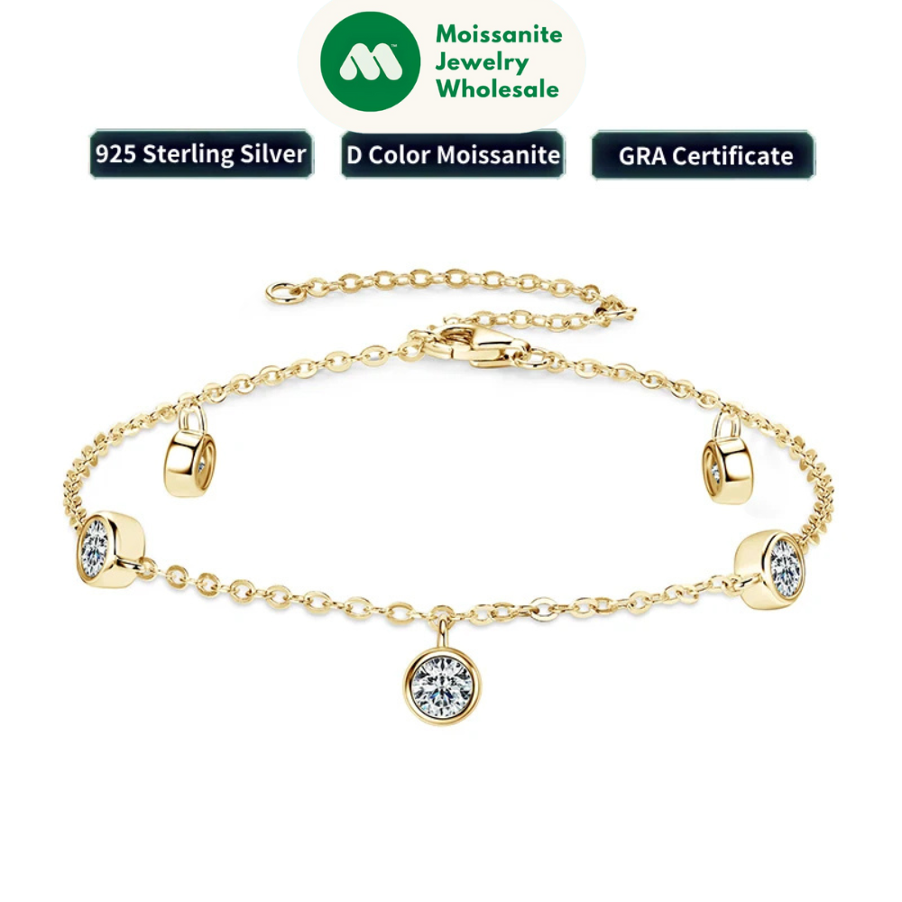 Bezel 4mm Round D Moissanite Bracelet 100% 925 Silver  for Women Adjustable Chain 2025 Trendy Daily Wear Hand Jewelry Gift