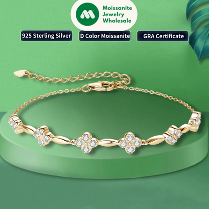 2024 New Trendy 925 Silver 18k Gold Plated Flower Bracelet Moissanite 2mm D Color Chain Bracelet for Women Wedding Jewelry