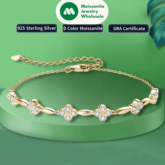 2024 New Trendy 925 Silver 18k Gold Plated Flower Bracelet Moissanite 2mm D Color Chain Bracelet for Women Wedding Jewelry