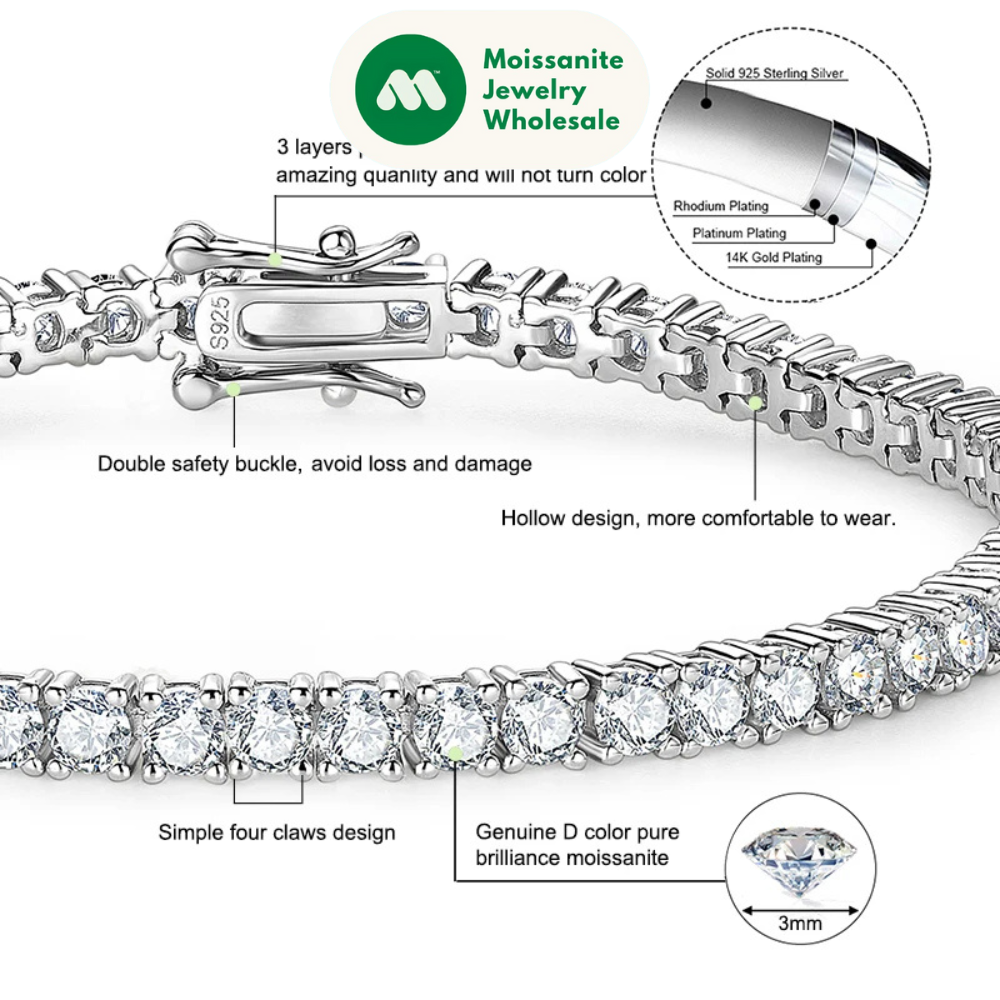 3mm D VVS1 Full Moissanite Tennis Bracelets for Women Men Couples Real 925 Sterling Silver Bracelet 14K Gold Plated Gifts