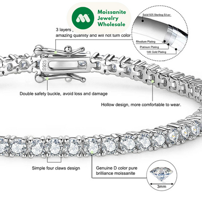 3mm D VVS1 Full Moissanite Tennis Bracelets for Women Men Couples Real 925 Sterling Silver Bracelet 14K Gold Plated Gifts