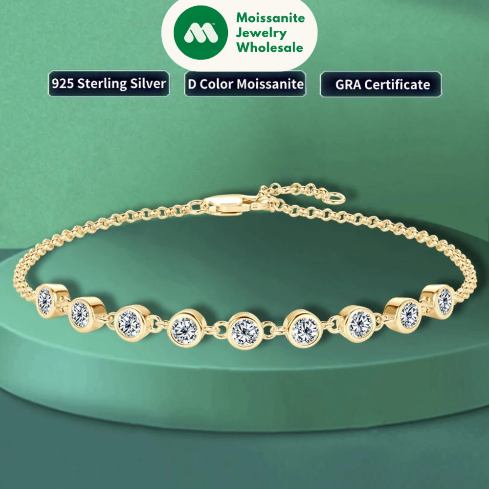 Real 925 Silver Bubble Bracelet 3mm Bezel Round Cut D Color Moissanite Bracelet for Women Jewelry Gifts with Certificate