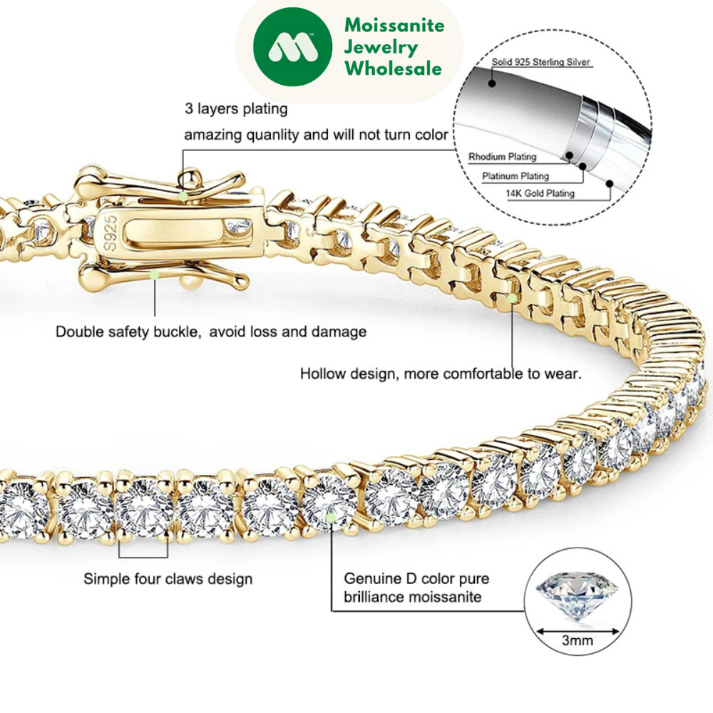 925 Sterling Silver Plated 14K Gold Tennis Bracelet 3mm 5mm D VVS1 Round Moissanite Bracelets for Women Men Couples Gifts