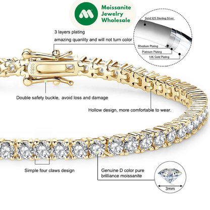 925 Sterling Silver Plated 14K Gold Tennis Bracelet 3mm 5mm D VVS1 Round Moissanite Bracelets for Women Men Couples Gifts