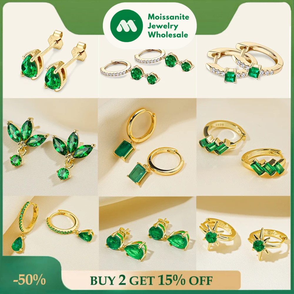 Emerald Cut Gemstone Drop Hoop Earrings for Women 925 Sterling Silver 14K Gold Plated Green Marqusie Round Cut CZ Stud Earrings